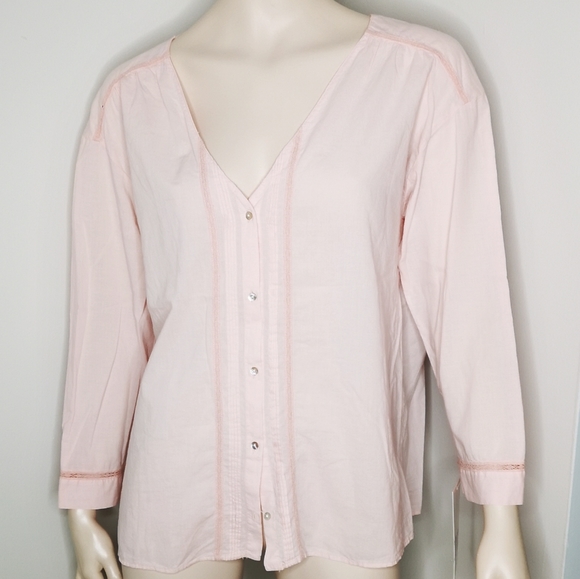 NWT Zara Cotton Pintucked & Lace Collarless Blouse - Picture 1 of 10